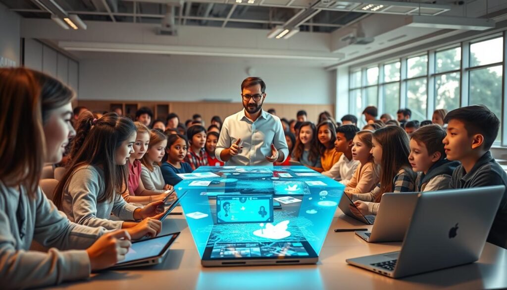 A classroom filled with eager students, their faces aglow with curiosity as they engage with cutting-edge educational technology. In the foreground, a teacher stands amidst a vibrant display of holographic projections, guiding the class through an interactive lesson. The middle ground features an array of sleek, intuitive tablets and laptops, seamlessly integrated into the learning environment. The background showcases a modern, well-equipped educational facility, with large windows allowing natural light to flood the space, creating a sense of openness and innovation. The overall scene conveys a dynamic, forward-thinking vision of the future of education, where technology seamlessly enhances the learning experience.