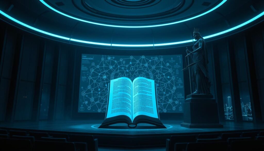 A dimly lit, futuristic courtroom with a massive, looming statue of Lady Justice standing guard. The room is bathed in an ethereal, bluish hue, creating an atmosphere of contemplation and gravity. In the foreground, a projection screen displays a complex web of interconnected legal concepts and precedents, hinting at the intricate and ever-evolving nature of constitutional law. The middle ground features a stylized, holographic representation of the Indonesian constitution, its pages turning and reforming in a mesmerizing dance. In the background, a vast, expansive skyline of a futuristic metropolis can be seen through floor-to-ceiling windows, symbolizing the far-reaching implications of constitutional interpretation and the shaping of a nation's destiny.