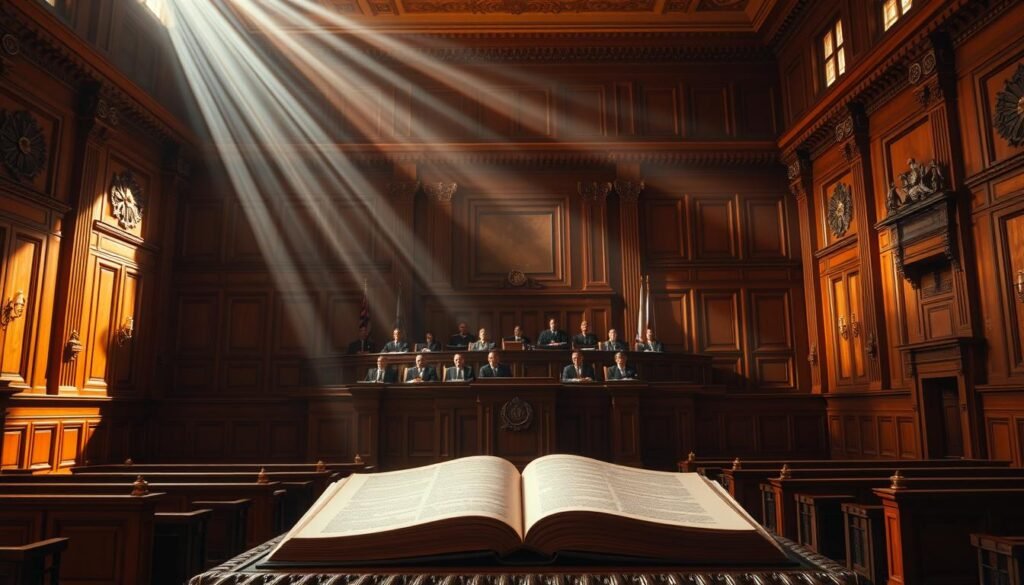 A grand, stately courtroom interior with ornate wooden paneling and high ceilings. At the center, a majestic raised dais where robed figures, the justices of the Constitutional Court, sit in solemn contemplation. Streams of warm, directional lighting pour in through tall windows, casting dramatic shadows and highlights across the scene. In the foreground, a large, leather-bound tome rests open on an ornate podium, symbolizing the weighty decisions and interpretations of the law. The overall atmosphere is one of gravitas, authority, and the careful, methodical examination of constitutional principles.