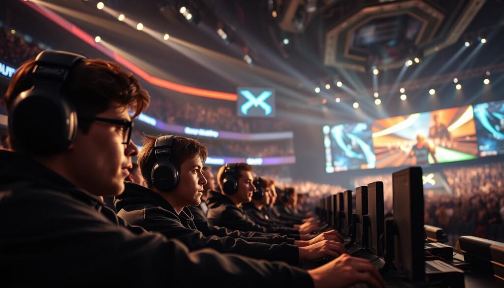 A high-stakes esports tournament on a global stage, the air thick with tension and excitement. A team of skilled players, faces intense with focus, hunched over their gaming rigs as they navigate the virtual battlefield with lightning-fast reflexes. The arena's lighting casts dramatic shadows, highlighting the players' determined expressions and the intensity of the moment. Spectators watch with bated breath, their eyes glued to the massive screens displaying the fast-paced action. The atmosphere crackles with the weight of the competition, the roar of the crowd underscoring the gravity of the match. This is the real pressure of the esports world, a captivating and immersive scene that showcases the thrill and drama of elite-level gameplay.