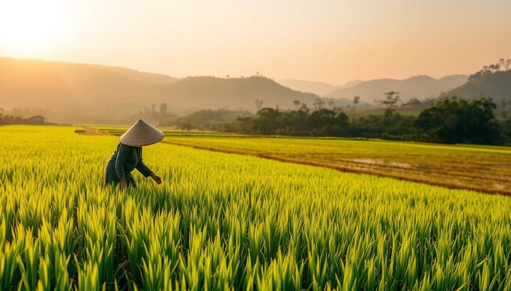 A lush, verdant rice paddy stretches out under a warm, golden sun. In the foreground, a farmer, clad in a straw hat and traditional garments, carefully tends to the young seedlings, their green blades reaching up towards the sky. The middle ground reveals a tranquil, water-filled field, reflections of the surrounding hills and trees shimmering on the surface. In the distance, rolling hills and a hazy horizon create a sense of peaceful, timeless serenity. The scene evokes a feeling of connection to the land, a harmonious cycle of growth and renewal, mirroring the nurturing process of education that helps a nation flourish.