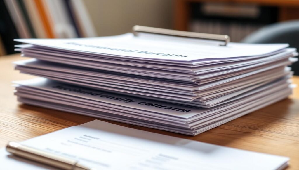A neatly organized stack of official-looking documents, including enrollment forms, recommendation letters, and academic transcripts, resting on a wooden desk. The lighting is soft and warm, creating a sense of professionalism and attention to detail. The camera angle is slightly elevated, giving the viewer a sense of the importance and care taken in preparing these scholarship application materials. The background is blurred, keeping the focus on the foreground documents, which are crisp and clear, conveying a sense of diligence and attention to the scholarship selection process.