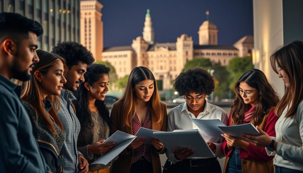 A prestigious scholarship selection process unfolds against a backdrop of a modern university campus. In the foreground, a group of diverse, determined students engage in animated discussions, their expressions reflecting a blend of anticipation and resolve. The middle ground features a panel of esteemed professors and administrators, meticulously reviewing application materials under the warm glow of desk lamps. In the distance, the campus buildings stand tall, their architectural elegance conveying a sense of prestige and opportunity. The lighting is soft and directional, casting subtle shadows that add depth and drama to the scene. The overall atmosphere exudes a sense of intellectual rigor and the promise of life-changing possibilities.