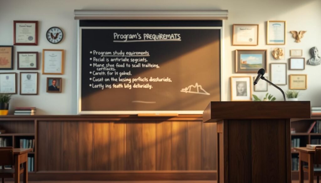 A serene academic setting, with a wooden podium in the foreground, a blackboard or whiteboard in the middle ground displaying key program study requirements, and in the background, a wall adorned with certificates, diplomas, and artistic elements symbolizing the creative nature of the program. Soft, warm lighting illuminates the scene, creating a welcoming and scholarly atmosphere. The overall composition emphasizes the importance of the program's prerequisites, while hinting at the creative and enriching educational experience it offers.