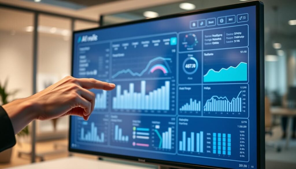 A sleek, minimalist data analysis dashboard displayed on a large, high-resolution monitor. The interface features elegant graphs, charts, and visualizations that seamlessly integrate AI-powered insights. Soft blue and green hues create a calming, professional atmosphere, while strategic lighting casts subtle shadows that accentuate the clean lines and modern design. In the foreground, a user's hand hovers over a touchpad, interacting with the dynamic display. The background is a blurred, out-of-focus office setting, keeping the focus on the intelligent data analysis tools.