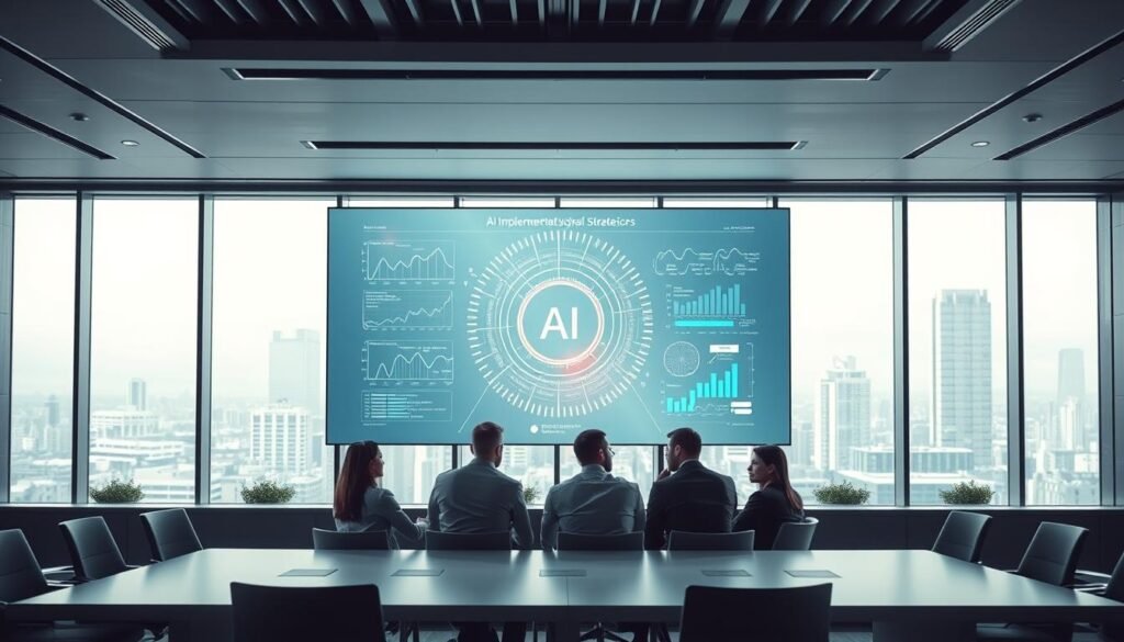 A sleek, modern office setting with a large display screen at the center, showcasing a visual representation of AI implementation strategies. The foreground features a team of business professionals gathered around a conference table, deep in discussion. Soft, directional lighting creates a collaborative atmosphere. In the middle ground, data visualizations and algorithms are projected onto the screen, illustrating the analytical capabilities of AI. The background features a cityscape visible through floor-to-ceiling windows, conveying a sense of technological progress and innovation. The overall scene exudes a balance of strategic planning, analytical rigor, and forward-thinking.