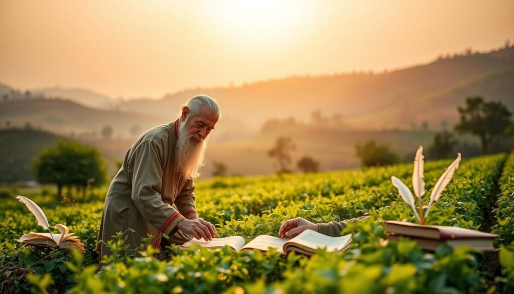 A tranquil rural landscape, where a wise and experienced teacher, dressed in traditional garb, carefully tends to a bountiful field of knowledge. The sun casts a warm, golden glow, illuminating the teacher's thoughtful expression as they meticulously sow the seeds of wisdom, nurturing the minds of their students. In the background, lush greenery and rolling hills create a serene backdrop, symbolizing the boundless potential of the educational journey. The composition is balanced, with the teacher as the focal point, surrounded by the tools of their craft - books, quills, and a gentle breeze carrying the fragrance of learning. This image conveys the profound role of the educator as a cultivator of knowledge, shaping the future through their patient and diligent efforts.