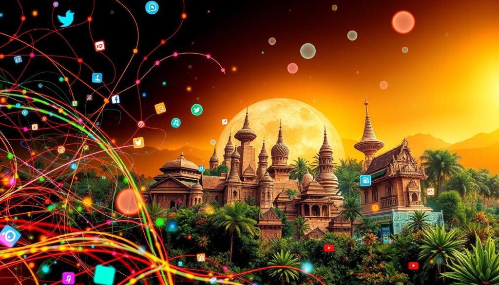 A vibrant digital landscape showcasing the dynamic interplay of social media and Indonesian cultural aura. In the foreground, an intricate web of colorful, swirling data streams and social media icons symbolize the viral nature of online interactions. In the middle ground, a collage of traditional Indonesian cultural elements, such as ornate batik patterns, intricate carvings, and lush tropical foliage, merge seamlessly with modern digital interfaces. The background is bathed in a warm, golden glow, evoking a sense of timeless, spiritual energy that underpins the cultural heritage. The overall composition conveys the powerful fusion of ancient wisdom and contemporary digital communication, creating a visually captivating representation of the "Dinamika Media Sosial dan Viralitas Aura Farming" concept.