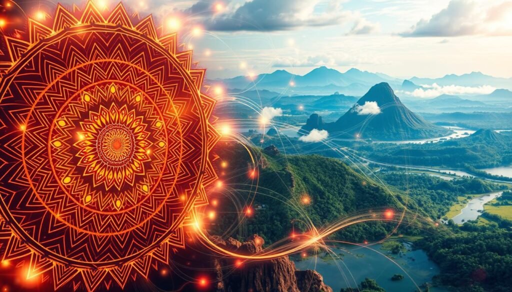 A vibrant digital landscape, where ancient Indonesian cultural motifs and symbols blend seamlessly with cutting-edge digital art. In the foreground, a mesmerizing mandala pattern pulses with dynamic energy, its intricate lines and geometric shapes accentuated by a soft, ethereal glow. In the middle ground, ethereal wisps of digital energy swirl and coalesce, creating a sense of interconnectedness and the flow of cultural knowledge. The background features a breathtaking panorama of lush, verdant landscapes, with towering volcanoes and serene lakes, all rendered in a hyper-realistic, yet dreamlike, digital aesthetic. The overall scene conveys a harmonious fusion of traditional and modern, a celebration of Indonesia's rich cultural heritage and its dynamic digital future.