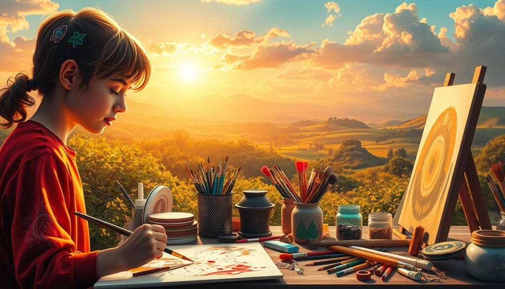 A vibrant, dynamic composition depicting the benefits of art scholarships. In the foreground, a young artist passionately engaged in their craft, brushstrokes flowing across a canvas. The middle ground showcases an array of artistic tools and materials, symbolizing the resources available through the scholarship. In the background, a lush, dreamlike landscape unfolds, evoking the boundless creative potential nurtured by the scholarship. Soft, warm lighting casts a golden glow, conveying a sense of opportunity and inspiration. The scene exudes a mood of artistic fulfillment, empowerment, and the transformative power of educational support for the arts.