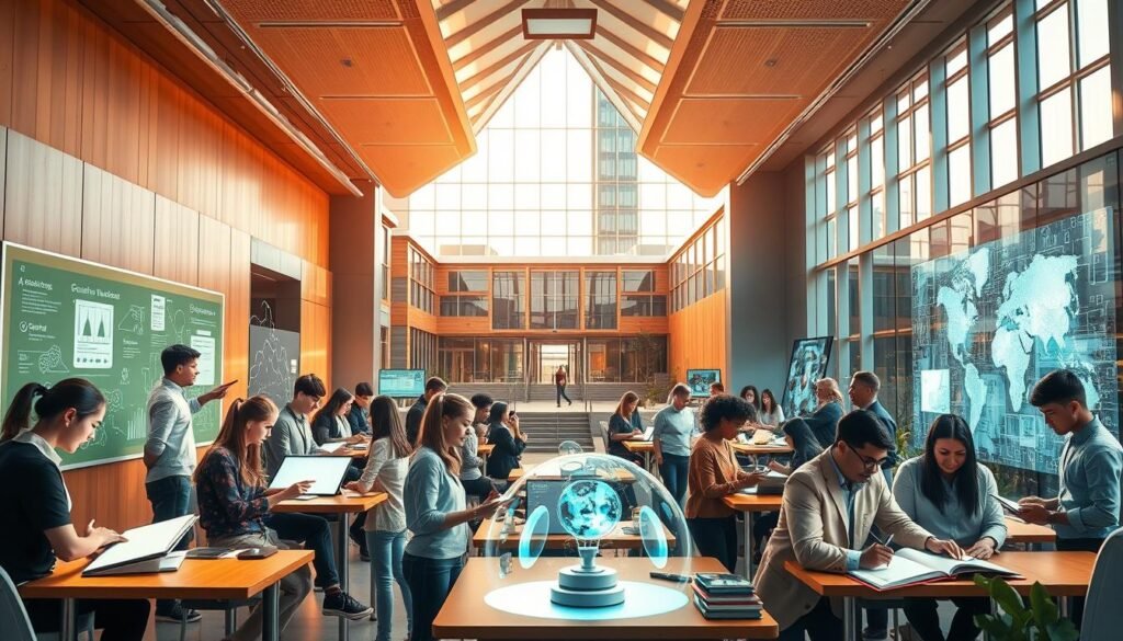 A vibrant, forward-looking scene depicting the collaborative partnership between education and technology. In the foreground, a group of diverse students and educators engage with cutting-edge digital devices and interactive displays, immersed in a dynamic learning environment. The middle ground showcases a blend of traditional and modern teaching methods, with chalkboards and textbooks complementing holographic projections and virtual reality simulations. In the background, a sleek, futuristic university campus rises, its architecture and infrastructure seamlessly integrated with the latest technological advancements. Warm, natural lighting filters through large windows, creating a sense of openness and innovation. The overall mood conveys a vision of transformative, technology-driven education that empowers both students and teachers alike.