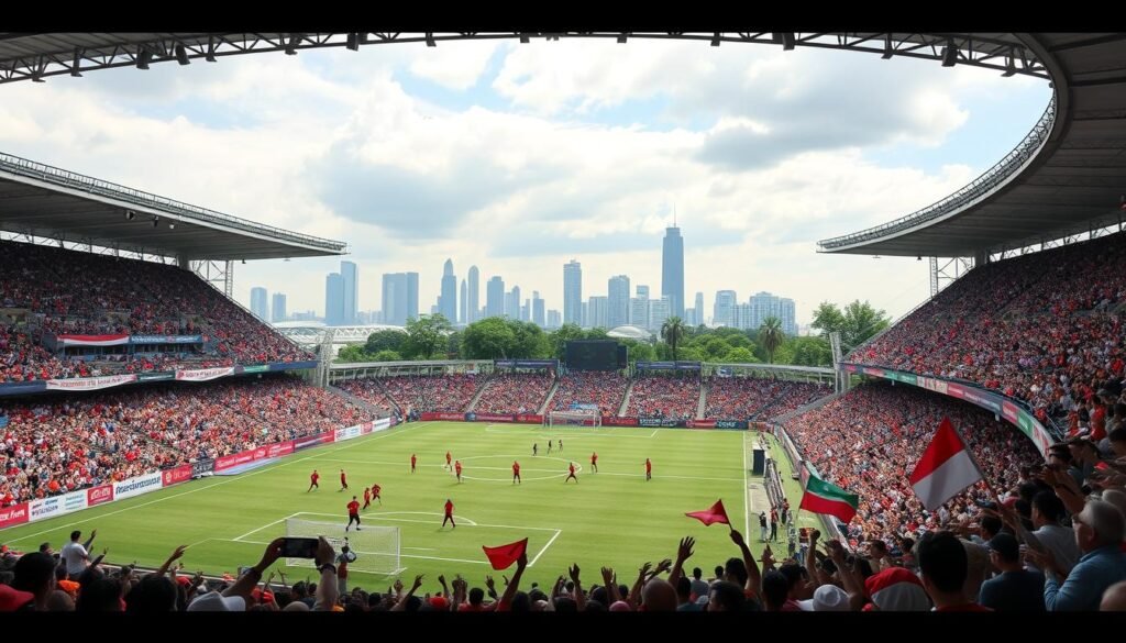 A bustling stadium with a packed crowd cheering for their local football team, the air electric with anticipation. On the pitch, players in vibrant jerseys engage in a high-stakes match, their athleticism and skill captivating the audience. In the stands, fans wave banners and flags, their enthusiasm fueling the team's performance. Beyond the field, the city skyline rises, reflecting the economic impact of this beloved sport. The scene conveys the deep-rooted passion and financial significance of football in Indonesia, a powerful illustration of the "Dampak Ekonomi dari Sepak Bola".