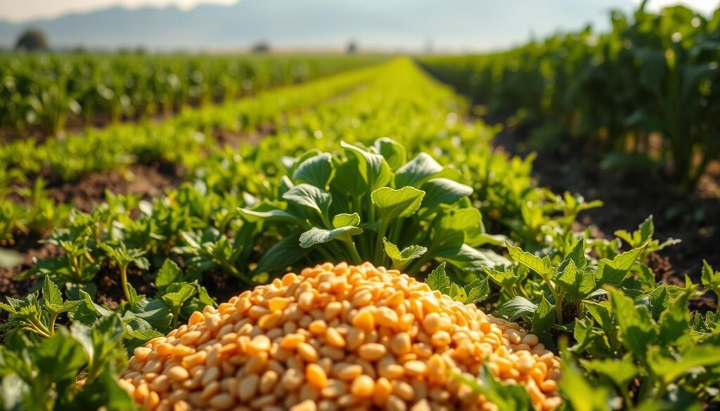 A close-up view of a lush, verdant agricultural field, with rows of thriving crops and vibrant greenery. In the foreground, a handful of organic, nutrient-rich fertilizer granules are prominently displayed, casting warm, natural shadows. The middle ground features a cluster of healthy, robust plants, their leaves glistening with dew under soft, diffused sunlight. In the background, a hazy, blurred horizon suggests a serene, rural setting. The overall atmosphere conveys the positive, synergistic effects of using this specialized fertilizer, which seamlessly integrates with the ecosystem to promote sustainable, bountiful growth.