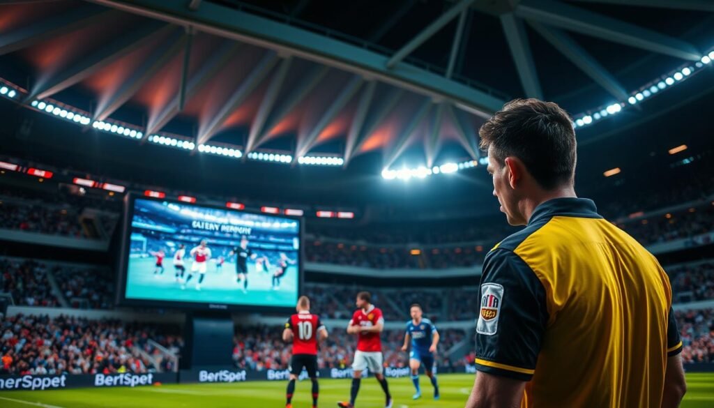 A high-tech soccer stadium with players engaged in a match, the referee closely monitoring the action using the latest VAR (Video Assistant Referee) technology. In the foreground, a giant display screen shows a slow-motion replay of a controversial moment, as the referee carefully analyzes the footage. The middle ground features the players in dynamic motion, their jerseys emblazoned with team logos. The background showcases the stadium's modern architecture, with sleek, angular structures and vibrant lighting illuminating the scene. The overall atmosphere conveys the excitement and precision of modern soccer, where technology plays a crucial role in enhancing the game's fairness and accuracy.