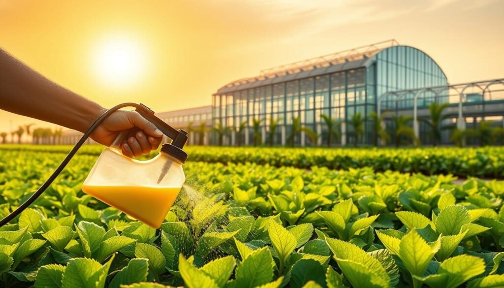 A lush, verdant field under a warm, golden sun. In the foreground, a farmer carefully applying a liquid fertilizer from a handheld sprayer, its nozzle misting the healthy crops. In the middle ground, rows of thriving plants with vibrant, green foliage, their leaves glistening with recent rainfall. In the background, a modern agricultural facility, its sleek, steel-and-glass exterior reflecting the tranquil sky. The scene conveys a sense of harmony and productivity, illustrating the effective implementation of synergistic fertilizers in Indonesian agriculture.