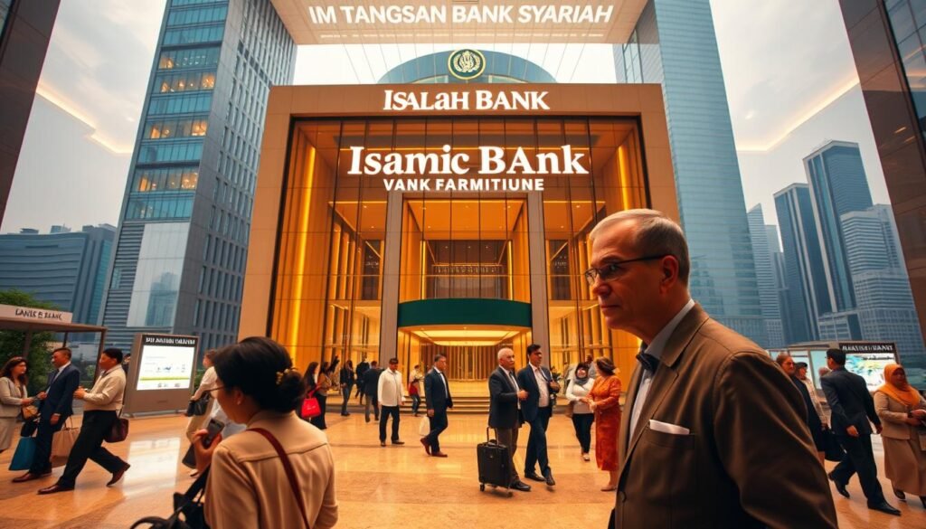 A modern Islamic bank stands tall, its sleek architecture a symbol of the industry's growth. In the foreground, customers navigate the bustling lobby, their faces reflecting the challenges they face - regulatory hurdles, competition from conventional banks, and the need to balance religious principles with profitability. The middle ground features the bank's leadership, contemplating strategies to overcome these obstacles, their expressions serious yet determined. In the background, the city skyline serves as a reminder of the broader economic landscape, where Islamic finance must carve out its niche. Warm, golden lighting casts a sense of dignity and purpose, while a wide-angle lens captures the scale of the endeavor. This image conveys the complex realities of "Tantangan Bank Syariah" in Indonesia. A modern Islamic bank stands tall, its sleek architecture a symbol of the industry's growth. In the foreground, customers navigate the bustling lobby, their faces reflecting the challenges they face - regulatory hurdles, competition from conventional banks, and the need to balance religious principles with profitability. The middle ground features the bank's leadership, contemplating strategies to overcome these obstacles, their expressions serious yet determined. In the background, the city skyline serves as a reminder of the broader economic landscape, where Islamic finance must carve out its niche. Warm, golden lighting casts a sense of dignity and purpose, while a wide-angle lens captures the scale of the endeavor. This image conveys the complex realities of "Tantangan Bank Syariah" in Indonesia.