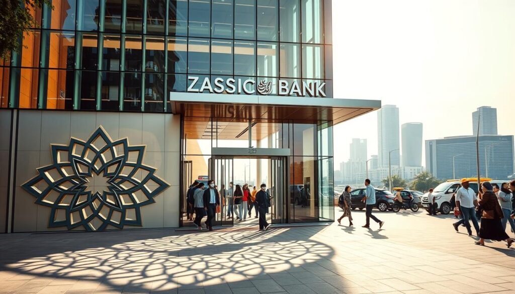 A modern glass and steel bank building, its sleek façade reflecting the future of Islamic finance. In the foreground, a stylized Islamic geometric pattern casts intricate shadows across the entrance. The middle ground features people of diverse backgrounds entering the bank, signifying its inclusive and community-oriented vision. The background showcases a bustling cityscape, hinting at the bank's role in the broader economic landscape. Warm, natural lighting filters through, conveying a sense of growth, progress, and ethical prosperity. The overall scene exudes a sense of innovation, stability, and social responsibility - the hallmarks of the evolving landscape of Islamic banking in Indonesia. A modern glass and steel bank building, its sleek façade reflecting the future of Islamic finance. In the foreground, a stylized Islamic geometric pattern casts intricate shadows across the entrance. The middle ground features people of diverse backgrounds entering the bank, signifying its inclusive and community-oriented vision. The background showcases a bustling cityscape, hinting at the bank's role in the broader economic landscape. Warm, natural lighting filters through, conveying a sense of growth, progress, and ethical prosperity. The overall scene exudes a sense of innovation, stability, and social responsibility - the hallmarks of the evolving landscape of Islamic banking in Indonesia.