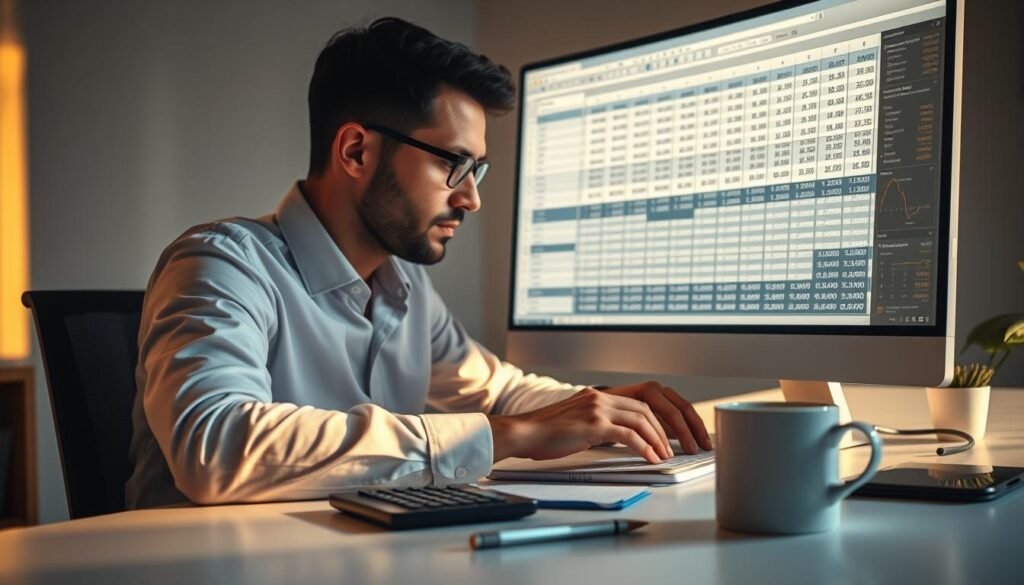 A professional data analyst sits at a desk, meticulously examining a spreadsheet on a large desktop monitor. The scene is bathed in warm, directional lighting, casting subtle shadows and highlights across the analyst's face, conveying a sense of focus and determination. In the foreground, a calculator, a pen, and a cup of coffee sit neatly arranged, hinting at the analytical nature of the work. The background is slightly blurred, but suggests a modern, minimalist office space with clean lines and muted colors. The overall atmosphere evokes a contemplative, problem-solving mindset, reflecting the process of transforming raw salary data into meaningful insights.