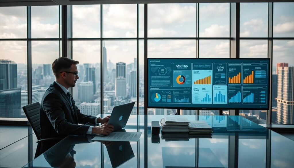 A sleek, modern office interior with floor-to-ceiling windows overlooking a bustling city skyline. In the foreground, a well-dressed systems analyst sits at a glass desk, intently studying a laptop screen and various financial reports. Warm, directional lighting illuminates the scene, casting subtle shadows and highlighting the analyst's focused expression. The middle ground features a large, interactive display board showcasing infographics and data visualizations related to system performance and industry benchmarks. In the background, the cityscape outside the windows creates a sense of scale and context, reflecting the broader market and regional dynamics relevant to the analyst's work.