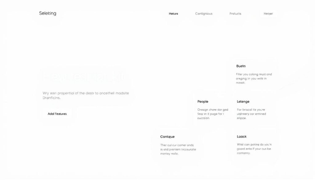 A sleek, modern website template design with a minimalist aesthetic. The layout features a clean, elegant grid system with plenty of negative space. The foreground showcases a hero section with a bold, sans-serif headline and a subtle call-to-action button. The middle ground contains neatly organized content blocks highlighting key features, all accentuated by a muted color palette of grays, whites, and light blues. The background depicts a subtle, out-of-focus geometric pattern that adds depth and texture. Careful attention to typography, spacing, and overall visual balance creates a cohesive, professional-looking design.