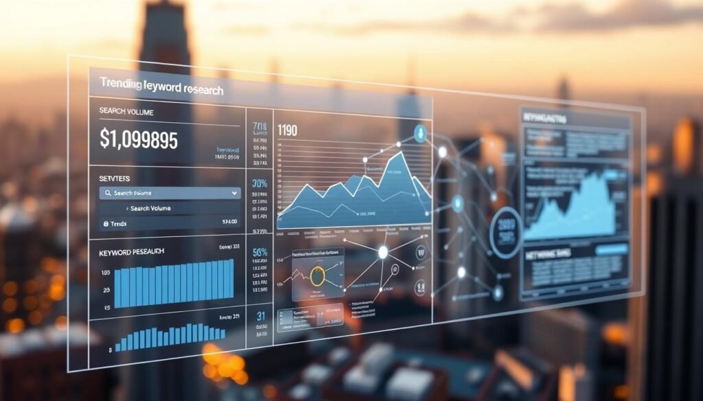An intricate data visualization of trending keyword research for a website, rendered in a clean, minimalist style. The foreground depicts a holographic interface displaying keyword metrics, search volume, and trend analysis. The middle ground features abstract data visualizations, with lines and shapes representing keyword connections and relationships. The background is a softly blurred cityscape, hinting at the real-world application of this digital research. Warm lighting casts a professional, authoritative atmosphere, as if showcasing the findings of a comprehensive market study. The overall scene conveys a sense of informative clarity and strategic planning for a successful website.