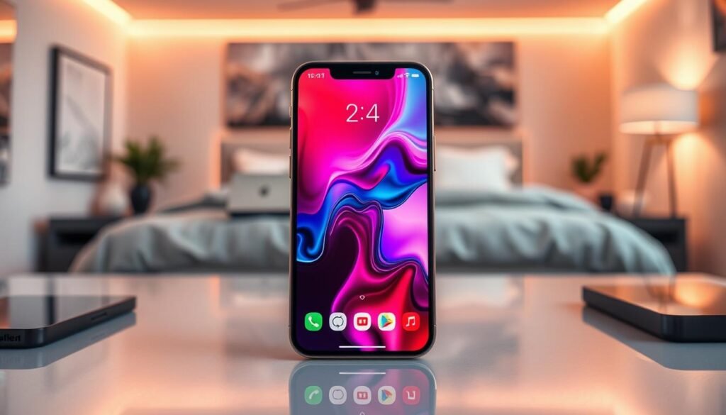 A modern iOS interface enhancement, showcasing vibrant, animated chemical reaction wallpapers that change colors in response to heat. In the foreground, a sleek smartphone displaying a vivid home screen with dynamic wallpapers reflecting temperature shifts—shades of red, blue, and violet blending beautifully. The middle layer features the phone on a stylish, minimalist desk with soft shadows. The background includes a blurred, upscale tech-filled bedroom setting with soft, ambient lighting that adds a warm atmosphere, enhancing the visual appeal. The angle captures the device at eye level for intimacy, with a focus on the screen's rich color depth. The overall mood is innovative, engaging, and visually striking, inviting viewers to explore the changes in interface design. A modern iOS interface enhancement, showcasing vibrant, animated chemical reaction wallpapers that change colors in response to heat. In the foreground, a sleek smartphone displaying a vivid home screen with dynamic wallpapers reflecting temperature shifts—shades of red, blue, and violet blending beautifully. The middle layer features the phone on a stylish, minimalist desk with soft shadows. The background includes a blurred, upscale tech-filled bedroom setting with soft, ambient lighting that adds a warm atmosphere, enhancing the visual appeal. The angle captures the device at eye level for intimacy, with a focus on the screen's rich color depth. The overall mood is innovative, engaging, and visually striking, inviting viewers to explore the changes in interface design.