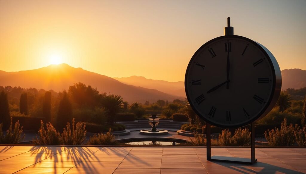 A serene landscape at golden hour, with a large analog clock in the foreground casting a long, dramatic shadow. The clock hands move in a hypnotic dance, emphasizing the passage of time. In the middle ground, a tranquil garden with lush vegetation and a calming water feature. The background showcases a picturesque mountain range bathed in warm, soft lighting. The scene evokes a sense of balance, contemplation, and the fleeting nature of moments. Subtle cinematic lighting and a slight depth of field blur create an atmospheric, dreamlike quality. A serene landscape at golden hour, with a large analog clock in the foreground casting a long, dramatic shadow. The clock hands move in a hypnotic dance, emphasizing the passage of time. In the middle ground, a tranquil garden with lush vegetation and a calming water feature. The background showcases a picturesque mountain range bathed in warm, soft lighting. The scene evokes a sense of balance, contemplation, and the fleeting nature of moments. Subtle cinematic lighting and a slight depth of field blur create an atmospheric, dreamlike quality.