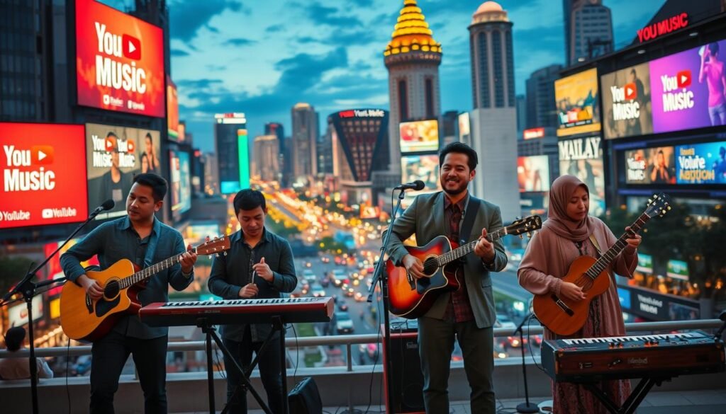 A vibrant scene depicting the fusion of YouTube Music and the Indonesian music industry. In the foreground, a diverse group of four musicians, dressed in professional casual attire, passionately performing with a guitar, keyboard, and traditional Indonesian instruments, showcasing cultural diversity. In the middle ground, colorful billboards and screens display YouTube Music graphics, illustrating the platform's impact on local artists. The background features a bustling cityscape of Jakarta at dusk, alive with lights and energy, suggesting a thriving music scene. Soft, dynamic lighting creates a warm and inviting atmosphere, with a slightly blurred depth of field focusing on the musicians while the city thrives in the background. The composition captures the heartbeat of Indonesia’s music industry within the YouTube realm. A vibrant scene depicting the fusion of YouTube Music and the Indonesian music industry. In the foreground, a diverse group of four musicians, dressed in professional casual attire, passionately performing with a guitar, keyboard, and traditional Indonesian instruments, showcasing cultural diversity. In the middle ground, colorful billboards and screens display YouTube Music graphics, illustrating the platform's impact on local artists. The background features a bustling cityscape of Jakarta at dusk, alive with lights and energy, suggesting a thriving music scene. Soft, dynamic lighting creates a warm and inviting atmosphere, with a slightly blurred depth of field focusing on the musicians while the city thrives in the background. The composition captures the heartbeat of Indonesia’s music industry within the YouTube realm.