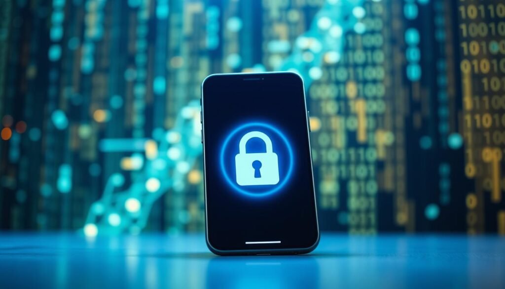 A visually striking scene illustrating the concept of data privacy and security on iOS devices. In the foreground, depict a modern iPhone screen displaying a stylized, abstract lock symbol, symbolizing data protection. The middle layer should include an ethereal glow surrounding the phone, hinting at secure encryption and privacy. In the background, a digital atmosphere with an array of binary code and subtle representations of data networks, creating a tech-savvy ambiance. Utilize soft, cool blue and green lighting to evoke a sense of security and trust. The angle should be slightly tilted for dynamic effect, conveying innovation in data privacy. Overall, the mood is reassuring and cutting-edge, emphasizing the importance of protecting personal information on mobile devices. A visually striking scene illustrating the concept of data privacy and security on iOS devices. In the foreground, depict a modern iPhone screen displaying a stylized, abstract lock symbol, symbolizing data protection. The middle layer should include an ethereal glow surrounding the phone, hinting at secure encryption and privacy. In the background, a digital atmosphere with an array of binary code and subtle representations of data networks, creating a tech-savvy ambiance. Utilize soft, cool blue and green lighting to evoke a sense of security and trust. The angle should be slightly tilted for dynamic effect, conveying innovation in data privacy. Overall, the mood is reassuring and cutting-edge, emphasizing the importance of protecting personal information on mobile devices.