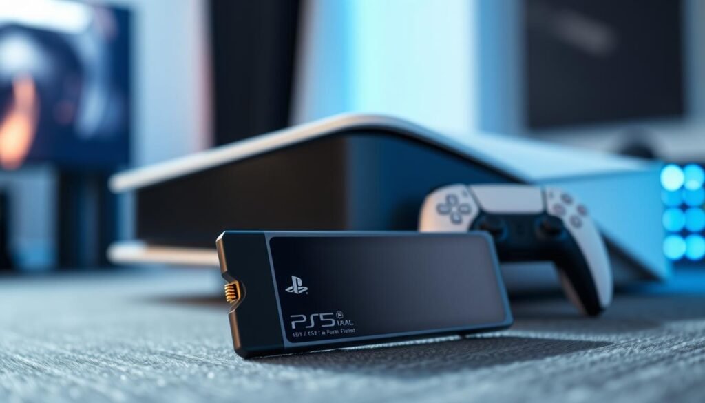 A close-up of a sleek, modern SSD designed for the PS5, showcased prominently in the foreground. The SSD should feature a metallic finish with detailed labeling indicating its capacity, and be placed on a textured surface resembling a gaming setup. In the middle background, a blurred PS5 console is visible, illustrating its compatibility. The background should be softly lit with a hint of ambient light in blue tones to reflect a gaming atmosphere. An angled view captures the SSD's design details while adding depth to the image. The overall mood is dynamic and tech-focused, emphasizing advancements in gaming storage technology without any text or branding present.