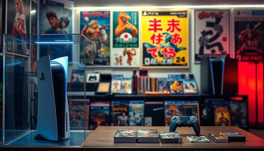 A dedicated gaming collector's display showcasing a collection of Japan Version PS5 consoles and accessories. In the foreground, a sleek, illuminated glass showcase highlights a limited edition PS5 with unique Japanese artwork. The middle ground features an array of vibrant game cases and merchandise, emphasizing exclusivity. The background is softly blurred, suggesting a trendy gaming room with posters of iconic Japanese games and subtle LED lighting that casts a warm ambiance. The mood is nostalgic and passionate, inviting viewers to appreciate the cultural significance of gaming in Japan. Use a slightly elevated angle to capture the depth of the display, with natural, soft lighting to emphasize the intricate details and colors of the consoles and games. A dedicated gaming collector's display showcasing a collection of Japan Version PS5 consoles and accessories. In the foreground, a sleek, illuminated glass showcase highlights a limited edition PS5 with unique Japanese artwork. The middle ground features an array of vibrant game cases and merchandise, emphasizing exclusivity. The background is softly blurred, suggesting a trendy gaming room with posters of iconic Japanese games and subtle LED lighting that casts a warm ambiance. The mood is nostalgic and passionate, inviting viewers to appreciate the cultural significance of gaming in Japan. Use a slightly elevated angle to capture the depth of the display, with natural, soft lighting to emphasize the intricate details and colors of the consoles and games.