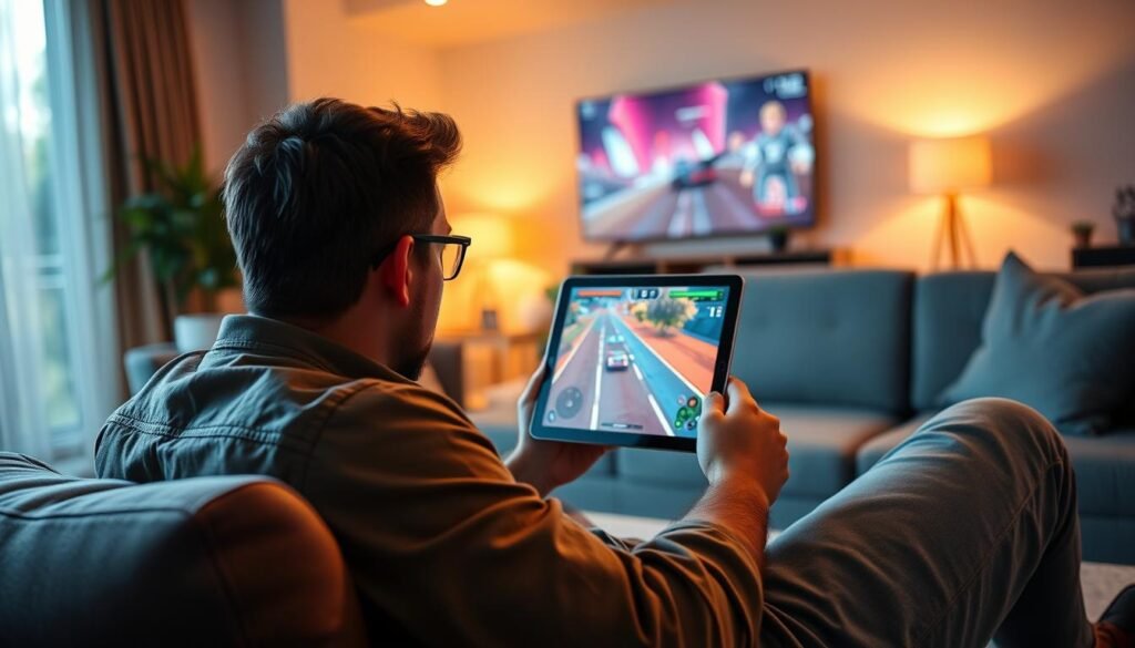 A detailed scene depicting an individual playing Xbox Cloud Gaming on an iPad in Safari, showcasing a vibrant gaming interface in 1080p resolution at 60fps. In the foreground, a focused gamer, dressed in a casual yet stylish outfit, is sitting comfortably on a modern couch with a slight lean towards the screen. The middle layer illustrates the iPad screen, capturing an action-packed game in motion, with vivid colors and dynamic visuals. The background features a cozy living room atmosphere with soft ambient lighting that enhances the futuristic vibe of cloud gaming. The overall mood is energetic and engaging, highlighting the joy of remote gaming in a contemporary setting, with a balanced composition and cinematic angle. A detailed scene depicting an individual playing Xbox Cloud Gaming on an iPad in Safari, showcasing a vibrant gaming interface in 1080p resolution at 60fps. In the foreground, a focused gamer, dressed in a casual yet stylish outfit, is sitting comfortably on a modern couch with a slight lean towards the screen. The middle layer illustrates the iPad screen, capturing an action-packed game in motion, with vivid colors and dynamic visuals. The background features a cozy living room atmosphere with soft ambient lighting that enhances the futuristic vibe of cloud gaming. The overall mood is energetic and engaging, highlighting the joy of remote gaming in a contemporary setting, with a balanced composition and cinematic angle.