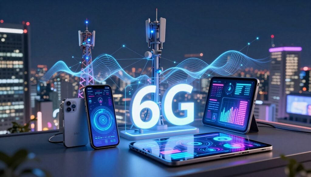 A futuristic and dynamic representation of 6G technology in Japan, showcasing high-speed connectivity. In the foreground, visualize sleek, modern devices like smartphones and tablets featuring holographic displays of data streams, metrics, and vibrant graphics, symbolizing 1 Petabit per second speed. In the middle ground, illustrate advanced communication towers with glowing antennas, surrounded by digital networks visually depicting waves of connectivity. The background features a high-tech cityscape with skyscrapers illuminated by neon lights, representing innovation and progress. Soft, ambient lighting enhances the modern atmosphere, while the angle is slightly elevated, emphasizing the bustling city below. The mood reflects excitement and anticipation for the future of technology. A futuristic and dynamic representation of 6G technology in Japan, showcasing high-speed connectivity. In the foreground, visualize sleek, modern devices like smartphones and tablets featuring holographic displays of data streams, metrics, and vibrant graphics, symbolizing 1 Petabit per second speed. In the middle ground, illustrate advanced communication towers with glowing antennas, surrounded by digital networks visually depicting waves of connectivity. The background features a high-tech cityscape with skyscrapers illuminated by neon lights, representing innovation and progress. Soft, ambient lighting enhances the modern atmosphere, while the angle is slightly elevated, emphasizing the bustling city below. The mood reflects excitement and anticipation for the future of technology.