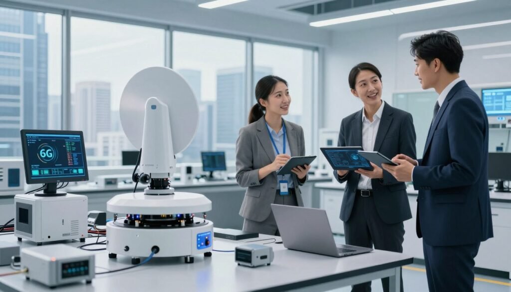A futuristic laboratory setting with advanced 6G network testing equipment prominently displayed in the foreground, featuring sleek, high-tech devices like antennas and digital screens showcasing real-time data analysis. In the middle ground, engineers in professional business attire are actively engaged in discussions, examining data on tablets and laptops, with expressions of concentration and excitement. The background features large windows revealing a bustling city skyline, symbolizing the future of connectivity. The lighting is bright and clinical, emphasizing the high-tech atmosphere, with reflections and shadows adding depth. The overall mood conveys innovation, optimism, and the cutting-edge nature of technology, with a clear focus on the performance results of 6G device trials. A futuristic laboratory setting with advanced 6G network testing equipment prominently displayed in the foreground, featuring sleek, high-tech devices like antennas and digital screens showcasing real-time data analysis. In the middle ground, engineers in professional business attire are actively engaged in discussions, examining data on tablets and laptops, with expressions of concentration and excitement. The background features large windows revealing a bustling city skyline, symbolizing the future of connectivity. The lighting is bright and clinical, emphasizing the high-tech atmosphere, with reflections and shadows adding depth. The overall mood conveys innovation, optimism, and the cutting-edge nature of technology, with a clear focus on the performance results of 6G device trials.