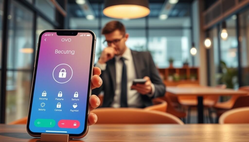 A modern digital payment platform interface showcasing OVO, featuring a clean and user-friendly design. In the foreground, display a smartphone with the OVO app open, highlighting its intuitive navigation and vibrant colors. The screen should show the secure payment feature, emphasizing data protection, with icons representing security locks and safe transactions. In the middle ground, incorporate a professional individual in business attire, thoughtfully interacting with the app, embodying trust and expertise in digital finance. The background should depict a sleek, tech-savvy environment, like a stylish office or cozy café, illuminated by soft, natural lighting, creating a warm yet professional atmosphere. The focus should be on the technological aspect of OVO, with no distractions or clutter in the scene. A modern digital payment platform interface showcasing OVO, featuring a clean and user-friendly design. In the foreground, display a smartphone with the OVO app open, highlighting its intuitive navigation and vibrant colors. The screen should show the secure payment feature, emphasizing data protection, with icons representing security locks and safe transactions. In the middle ground, incorporate a professional individual in business attire, thoughtfully interacting with the app, embodying trust and expertise in digital finance. The background should depict a sleek, tech-savvy environment, like a stylish office or cozy café, illuminated by soft, natural lighting, creating a warm yet professional atmosphere. The focus should be on the technological aspect of OVO, with no distractions or clutter in the scene.