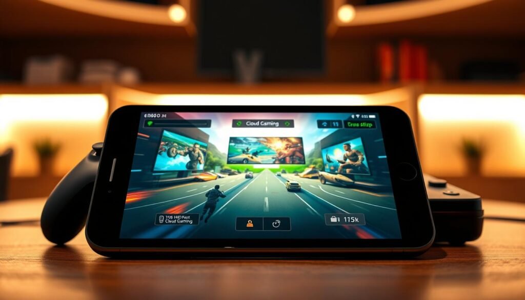 A sleek, modern iOS device displaying a vibrant 1080p gaming interface, showcasing an exciting cloud gaming scene from Xbox. In the foreground, the device is centered, with a glowing screen that highlights HD graphics and rich colors. The middle background features a stylishly designed gaming setup, including ergonomic accessories like a gaming controller and headphones. The background offers a hint of a cozy room with soft ambient lighting, casting a warm glow, and a futuristic atmosphere suggesting high-speed internet connectivity. The image is captured in a well-lit environment using a shallow depth of field, creating a professional and polished appearance. The mood is dynamic and engaging, emphasizing the thrilling experience of cloud gaming on iOS. A sleek, modern iOS device displaying a vibrant 1080p gaming interface, showcasing an exciting cloud gaming scene from Xbox. In the foreground, the device is centered, with a glowing screen that highlights HD graphics and rich colors. The middle background features a stylishly designed gaming setup, including ergonomic accessories like a gaming controller and headphones. The background offers a hint of a cozy room with soft ambient lighting, casting a warm glow, and a futuristic atmosphere suggesting high-speed internet connectivity. The image is captured in a well-lit environment using a shallow depth of field, creating a professional and polished appearance. The mood is dynamic and engaging, emphasizing the thrilling experience of cloud gaming on iOS.