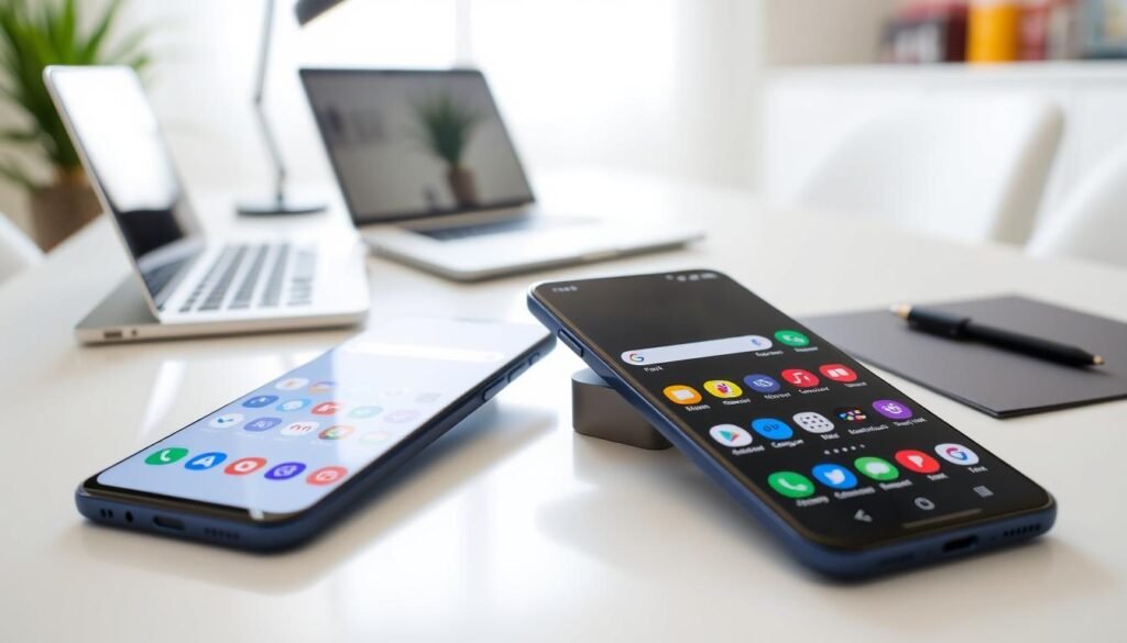 A sleek, modern smartphone on a clean, minimalist desk, showcasing the Samsung Galaxy S25+ and Google Pixel 9 Pro XL side by side. The foreground features the two devices with their screens lit up, displaying app icons in vivid colors, highlighting their bloatware and essential applications. In the middle ground, a soft-focus view of a stylish workspace with a laptop and notepad, giving a professional vibe. The background remains blurred to keep attention on the smartphones, illuminated by soft, natural lighting filtering through a window. The overall atmosphere is tech-savvy and informative, evoking a sense of comparison and exploration between the two devices, without any text or distractions present. A sleek, modern smartphone on a clean, minimalist desk, showcasing the Samsung Galaxy S25+ and Google Pixel 9 Pro XL side by side. The foreground features the two devices with their screens lit up, displaying app icons in vivid colors, highlighting their bloatware and essential applications. In the middle ground, a soft-focus view of a stylish workspace with a laptop and notepad, giving a professional vibe. The background remains blurred to keep attention on the smartphones, illuminated by soft, natural lighting filtering through a window. The overall atmosphere is tech-savvy and informative, evoking a sense of comparison and exploration between the two devices, without any text or distractions present.