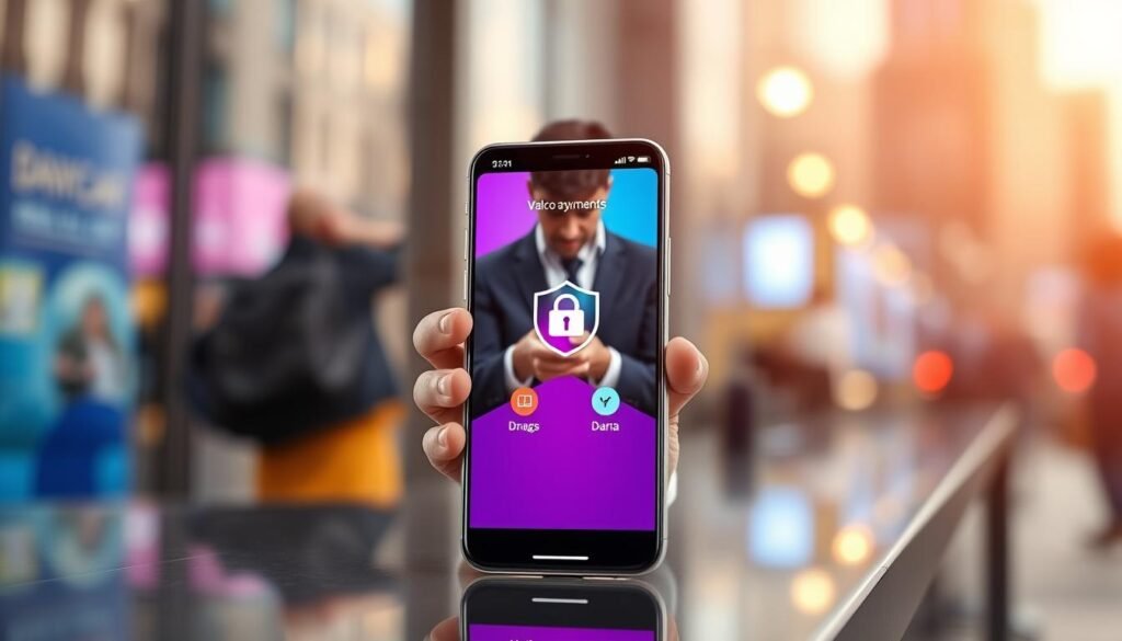 A sleek smartphone displaying the DANA payment application interface prominently in the foreground. The app features a modern design with vibrant colors and icons symbolizing security, such as a padlock and a shield. In the middle, a professional individual in business attire is engaged in a transaction, showcasing the app's user-friendly features. The background depicts an urban setting, with blurred cityscape elements reflecting a digital payment environment that emphasizes connectivity and innovation. Warm, diffused lighting creates a welcoming atmosphere, while a slight depth of field draws focus on the smartphone and the user's interaction with the app. The overall mood conveys trust, security, and ease of use, making it clear that DANA is a reliable digital payment solution. A sleek smartphone displaying the DANA payment application interface prominently in the foreground. The app features a modern design with vibrant colors and icons symbolizing security, such as a padlock and a shield. In the middle, a professional individual in business attire is engaged in a transaction, showcasing the app's user-friendly features. The background depicts an urban setting, with blurred cityscape elements reflecting a digital payment environment that emphasizes connectivity and innovation. Warm, diffused lighting creates a welcoming atmosphere, while a slight depth of field draws focus on the smartphone and the user's interaction with the app. The overall mood conveys trust, security, and ease of use, making it clear that DANA is a reliable digital payment solution.