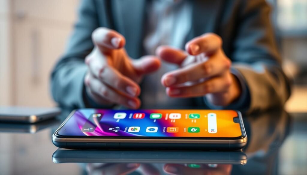 A sleek smartphone with a vibrant operating system interface displayed prominently in the foreground, showcasing colorful app icons and a smooth, user-friendly design. In the middle, blurred hands demonstrate multitasking, swiping through various features and settings of the system. The background features a subtle gradient, hinting at a modern digital workspace ambiance with soft lighting that enhances the device's glossy finish. The scene is captured with a shallow depth of field, focusing on the phone while the background remains pleasingly out of focus. The mood is professional and tech-savvy, reflecting innovation and efficiency, inviting the viewer to explore the sophisticated software capabilities. A sleek smartphone with a vibrant operating system interface displayed prominently in the foreground, showcasing colorful app icons and a smooth, user-friendly design. In the middle, blurred hands demonstrate multitasking, swiping through various features and settings of the system. The background features a subtle gradient, hinting at a modern digital workspace ambiance with soft lighting that enhances the device's glossy finish. The scene is captured with a shallow depth of field, focusing on the phone while the background remains pleasingly out of focus. The mood is professional and tech-savvy, reflecting innovation and efficiency, inviting the viewer to explore the sophisticated software capabilities.