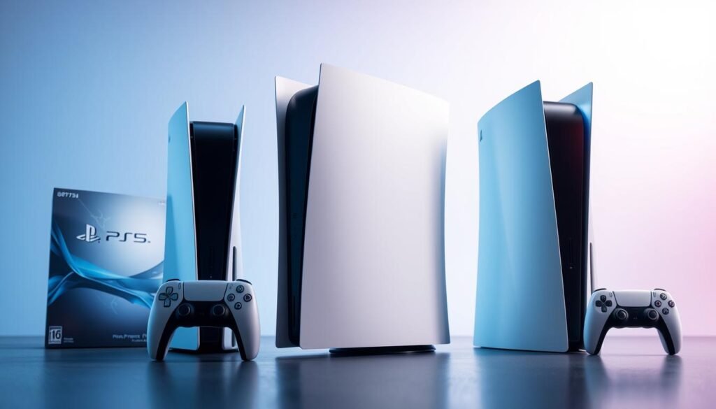 A visually striking comparison image showcasing the Japan Version of the PS5 alongside other regional versions. In the foreground, the Japan Version should be prominently displayed, featuring its sleek design and unique packaging. The middle ground includes the North American and European versions, each with distinct features highlighting their differences, like regional artwork and color variations. In the background, a subtle gradient suggests a tech-inspired ambiance, with soft blue and white lighting creating a futuristic feel. The setting should evoke a sense of exclusivity and appreciation for gaming culture. Utilize a slightly angled perspective to emphasize the depth and details of each console, ensuring the overall atmosphere is sophisticated yet inviting, appealing to collectors and gaming enthusiasts alike. A visually striking comparison image showcasing the Japan Version of the PS5 alongside other regional versions. In the foreground, the Japan Version should be prominently displayed, featuring its sleek design and unique packaging. The middle ground includes the North American and European versions, each with distinct features highlighting their differences, like regional artwork and color variations. In the background, a subtle gradient suggests a tech-inspired ambiance, with soft blue and white lighting creating a futuristic feel. The setting should evoke a sense of exclusivity and appreciation for gaming culture. Utilize a slightly angled perspective to emphasize the depth and details of each console, ensuring the overall atmosphere is sophisticated yet inviting, appealing to collectors and gaming enthusiasts alike.