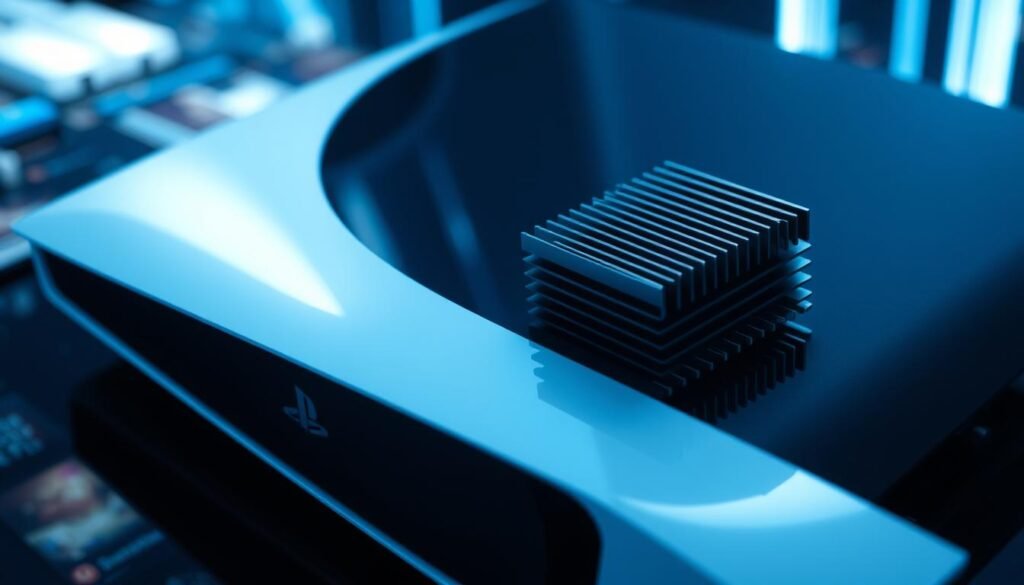 An artistic representation of a PlayStation 5 SSD with a heatsink prominently displayed in the foreground. The SSD, sleek and modern, features intricate details on the heatsink, emphasizing its cooling capabilities. Surrounding the SSD, there are subtle reflections of game graphics and data streams, hinting at its high performance. The background includes a blurred image of a PS5 console, dimly lit to create a high-tech atmosphere, with soft blue and white lighting that reflects the console's aesthetic. The image's angle is slightly above, focusing on the SSD while maintaining a sense of depth. The overall mood is one of innovation and technological advancement, perfect for showcasing gaming prowess.