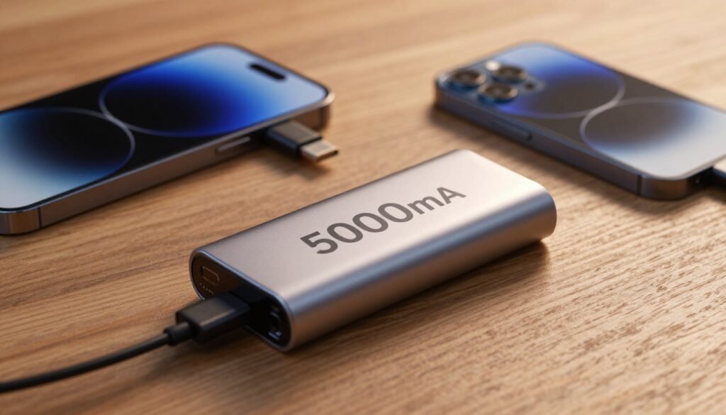 A close-up view of a sleek, modern 5000mAh battery on a wooden table, showcasing its elegant design and advanced technology features. The battery should be depicted with a subtle glow, emphasizing its fast-charging capabilities. In the background, include a stylish smartphone connected to the battery through a high-speed charging cable, demonstrating the synergy between the battery and the device. Soft, warm lighting enhances the scene, creating an inviting atmosphere. The focus should be sharp on the battery and phone, with a blurred background to draw attention to the subject. The overall mood is innovative and tech-savvy, reflecting the remarkable fast charging experience of contemporary devices.