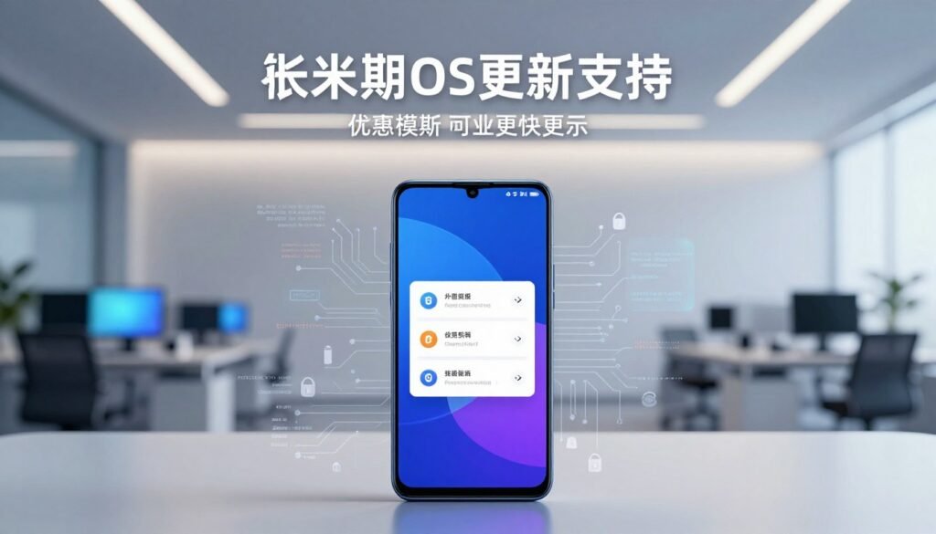 A futuristic representation of a Xiaomi smartphone showcasing long-term OS update support. In the foreground, a sleek, modern Xiaomi device with a vibrant screen displaying system update notifications, surrounded by subtle icons symbolizing security and performance enhancements. The middle layer features a blurred blend of tech elements, like circuit boards and software code snippets, illustrating the software's complexity and innovation. The background portrays a stylish, minimalist tech office environment, with soft blue and white lighting that emphasizes a professional atmosphere. Capture the mood of cutting-edge technology and reliability with a focus on clarity and progress. Use a soft focus lens effect to give a polished and aspirational look.