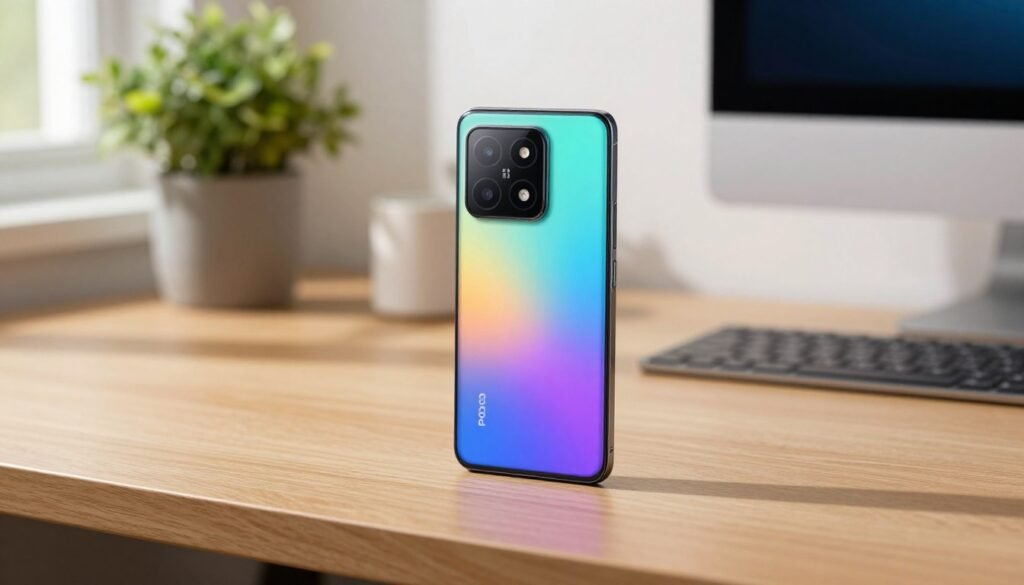 A modern mid-range smartphone on a sleek wooden desk, showcasing the latest Xiaomi and Poco models. The phone is positioned at a slight angle, emphasizing its vibrant display and stylish design, with a thin profile that conveys a sense of sophistication. In the background, a softly lit workspace features a potted plant and minimalistic tech accessories to create a fresh, inviting atmosphere. Natural daylight filters through a nearby window, casting gentle shadows that enhance the device’s features. The scene captures the essence of performance and affordability, appealing to tech-savvy users seeking smart choices in 2026. It’s an aspirational yet attainable setting that resonates with mid-range smartphone enthusiasts.
