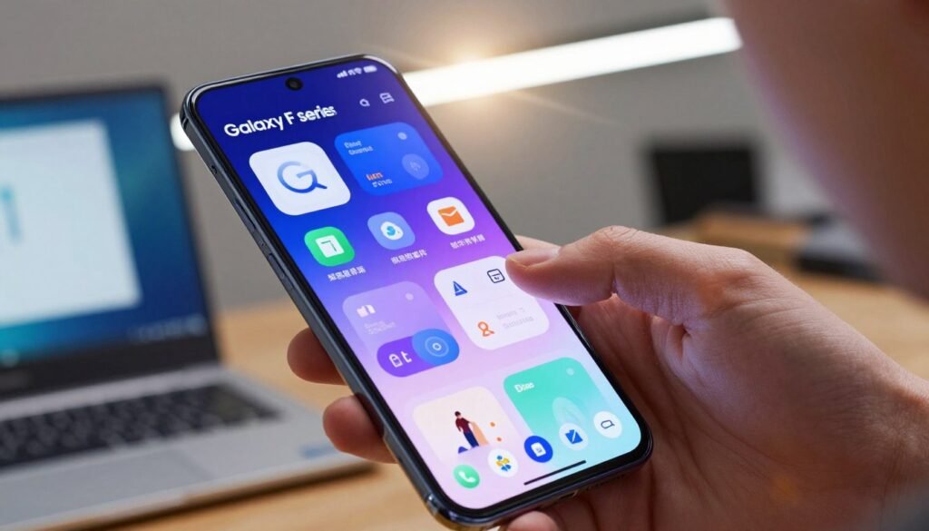 A sleek, modern smartphone screen displaying new features of the Galaxy F series operating system update. In the foreground, the device is shown in an elegant angle, emphasizing the vivid display with icons showcasing the latest features like enhanced multitasking, improved battery management, and fresh themes. The middle ground features a close-up of a hand interacting with the phone's interface, showcasing smooth transitions and user-friendly navigation gestures. The background has a soft-focus office setting with ambient lighting, suggesting a productive workspace atmosphere. The overall mood is one of excitement and innovation, emphasizing technology's role in enhancing user experience. The image should be well-lit, with a slight lens flare to create a dynamic and engaging feel.