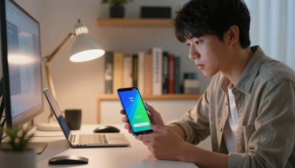 A user intently exploring the software update process on a Samsung Galaxy F-series smartphone. In the foreground, the smartphone screen displays a vivid progress bar indicating the update is in progress, reflecting a vibrant blue and green color scheme. The user, a young adult in smart casual attire, appears focused and curious, seated at a modern desk cluttered with tech gadgets. In the middle ground, a soft glow from a desk lamp illuminates the scene, enhancing the technology-driven atmosphere. The background features shelves filled with books and electronic devices, contributing to a tech-savvy ambiance. The overall mood is one of anticipation and engagement, highlighting the user experience of software updates. The lighting is warm and inviting, adding to the professional yet relaxed setting.
